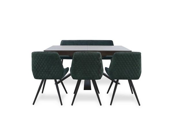 Saigon Extending Table with Metal Base and 3 Green Velvet Dining Chairs and Dining Bench | Bed Sava