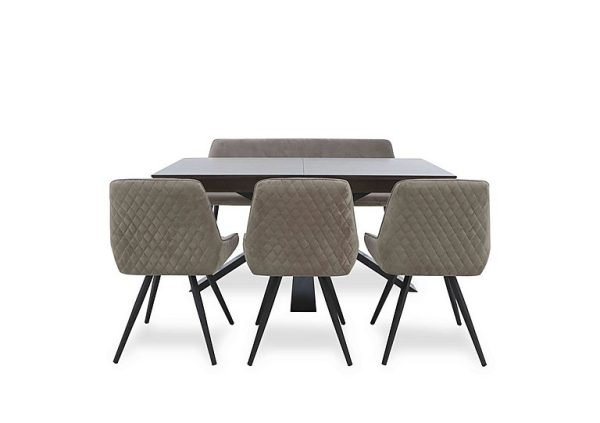 Saigon Extending Table with Metal Base and 3 Taupe Velvet Dining Chairs and Dining Bench | Bed Sava
