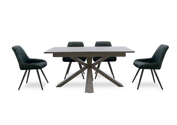 Saigon Extending Table with Wooden Base and 4 Green Velvet Dining Chairs  Forest | Bed Sava