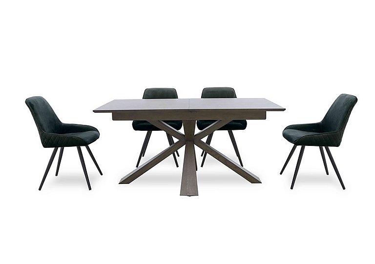Saigon Extending Table with Wooden Base and 4 Green Velvet Dining Chairs - Forest