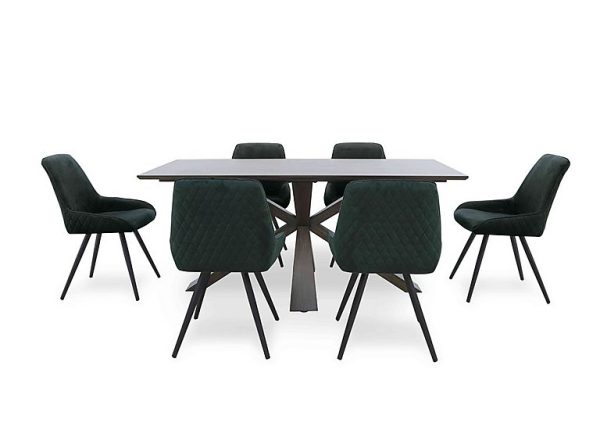 Saigon Fixed Table with Wooden Base and 6 Green Velvet Dining Chairs  Forest | Bed Sava
