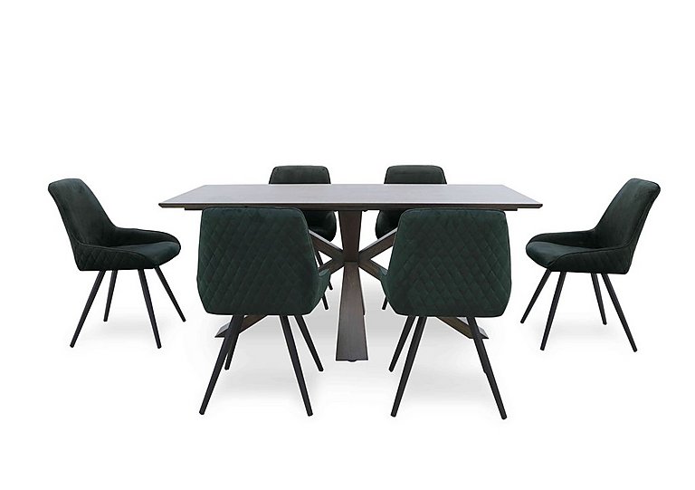 Saigon Fixed Table with Wooden Base and 6 Green Velvet Dining Chairs - Forest