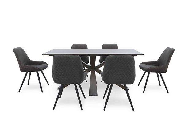 Saigon Fixed Table with Wooden Base and 6 Velvet Dining Chairs  Granite | Bed Sava