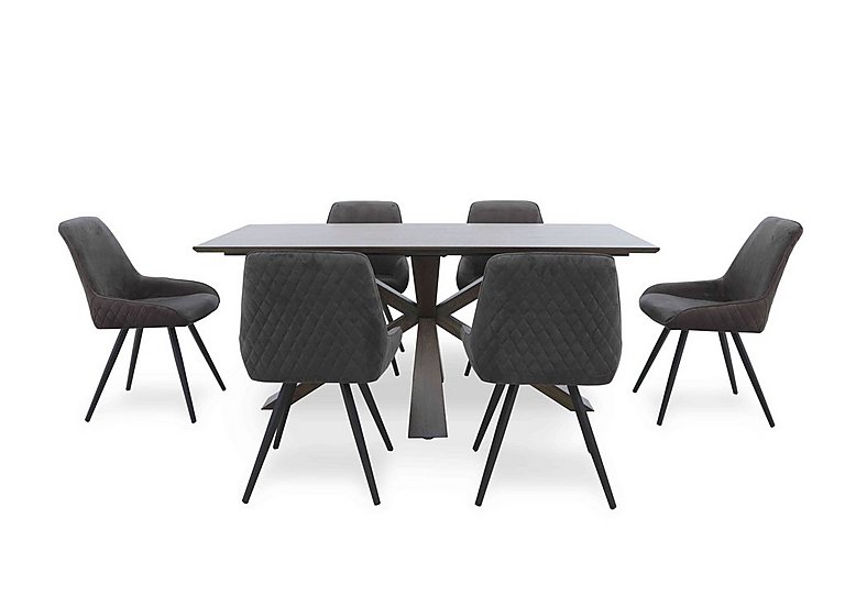 Saigon Fixed Table with Wooden Base and 6 Velvet Dining Chairs - Granite