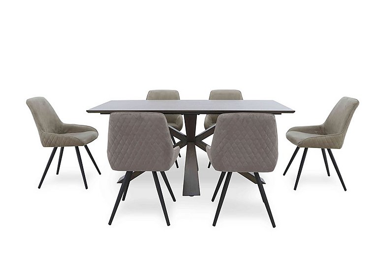 Saigon Fixed Table with Wooden Base and 6 Taupe Velvet Dining Chairs - Taupe