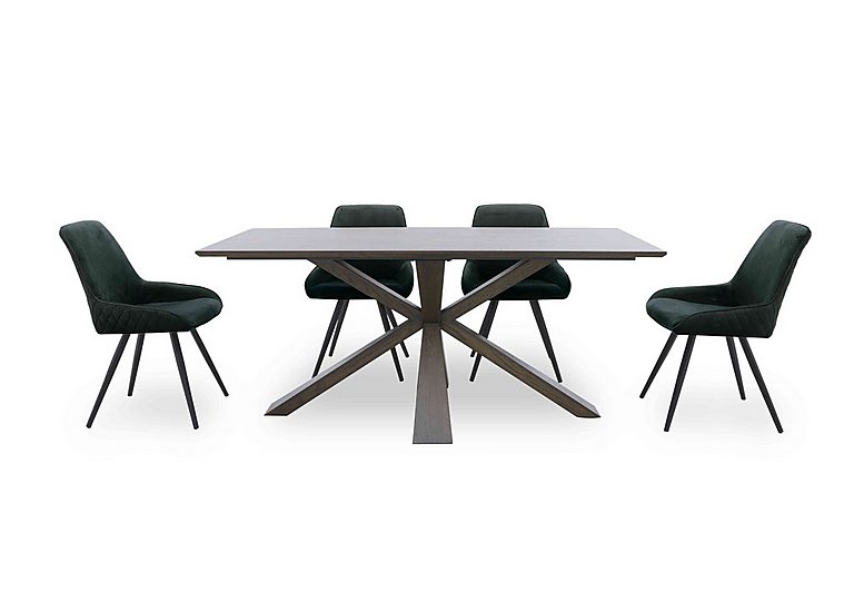 Saigon Fixed Table with Wooden Base and 4 Green Velvet Dining Chairs - Forest