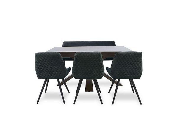 Saigon Extending Table with Wooden Base and 3 Green Velvet Dining Chairs and a Dining Bench | Bed Sava