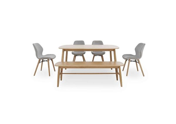 Stockholm Fixed Dining Table with 4 Upholstered Chairs and a Bench  Light Oak | Bed Sava