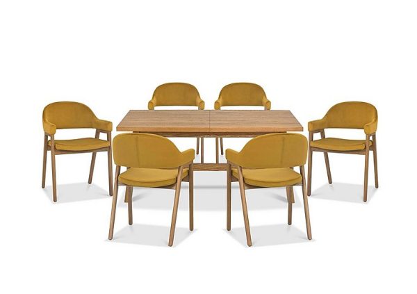 Stratford Small Extending Dining Table with 6 Fabric Dining Arm Chairs  Mustard Velvet | Bed Sava