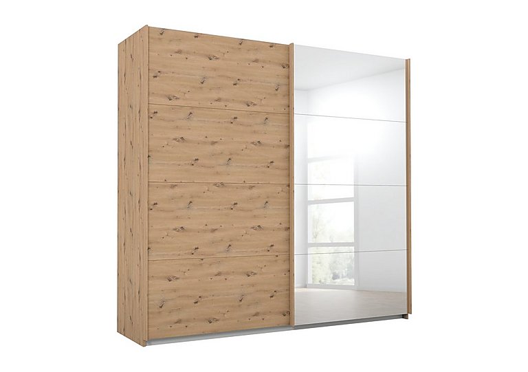 Rauch - Lima 226cm 2 Door Sliding Wardrobe with 1 Decor and 1 Mirror Door 210cm Tall - Art Oak