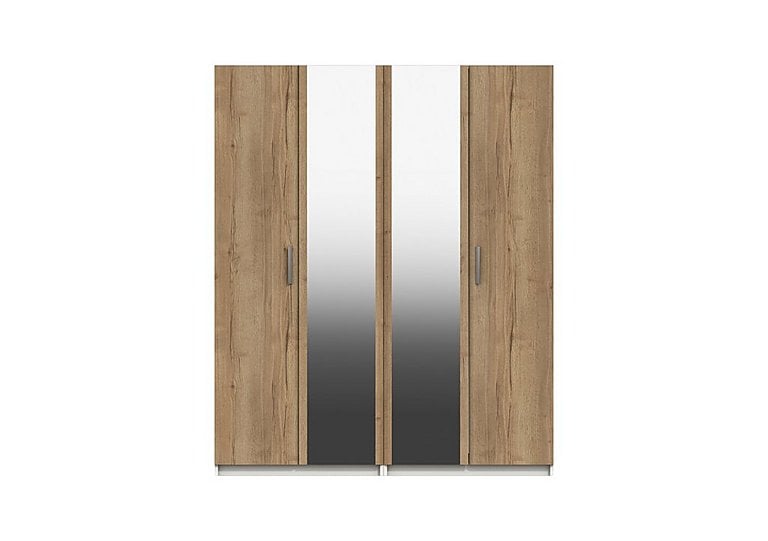 London Bedrooms Waterloo  4 Door Wardrobe with 2 Mirrors  White and Natural Rustic Oak | Bed Sava
