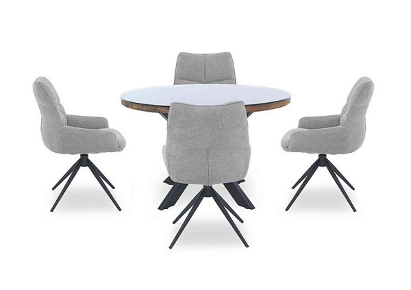 Kiara Round Dining Table with 4 Swivel Fabric Chairs  Taupe | Bed Sava
