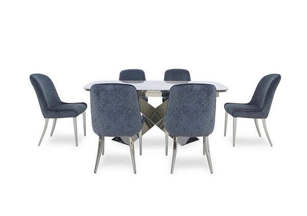 Gabana Extending Dining Table with 6 Velvet Chairs  210 cm  Blue | Bed Sava