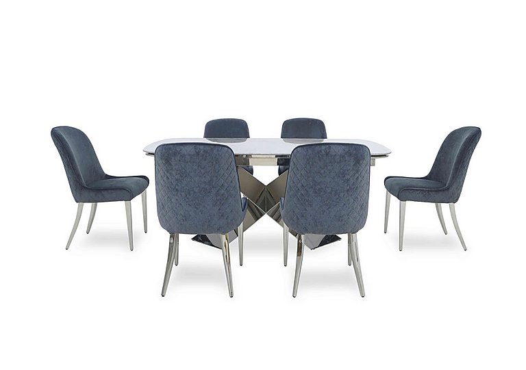 Gabana Extending Dining Table with 6 Velvet Chairs - 210-cm - Blue
