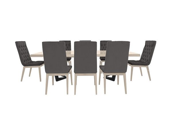 Palazzo 200cm Extending Dining Table in Sand Birch with 8 Capitonne Buttoned Chairs  Aquos Dark Grey | Bed Sava
