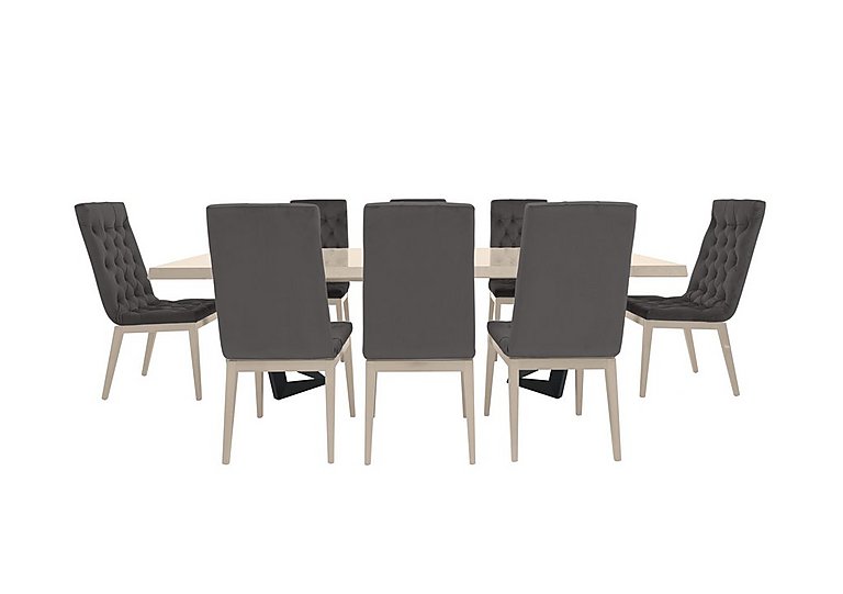Palazzo 200cm Extending Dining Table in Sand Birch with 8 Capitonne Buttoned Chairs - Aquos Dark Grey