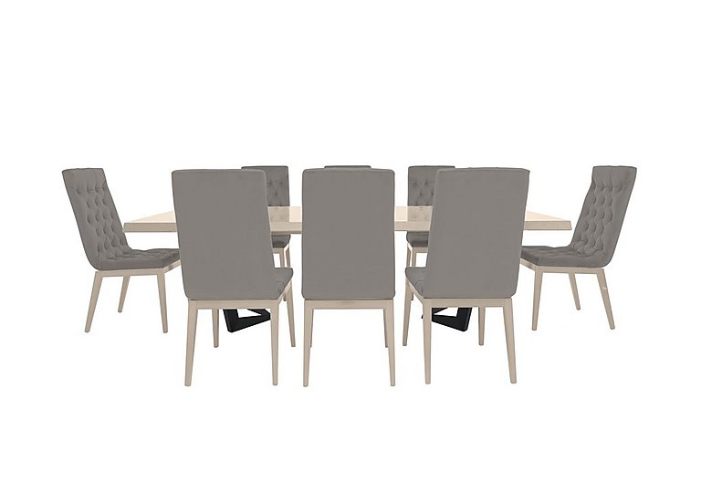 Palazzo 200cm Extending Dining Table in Sand Birch with 8 Capitonne Buttoned Chairs - Scarlet Silver