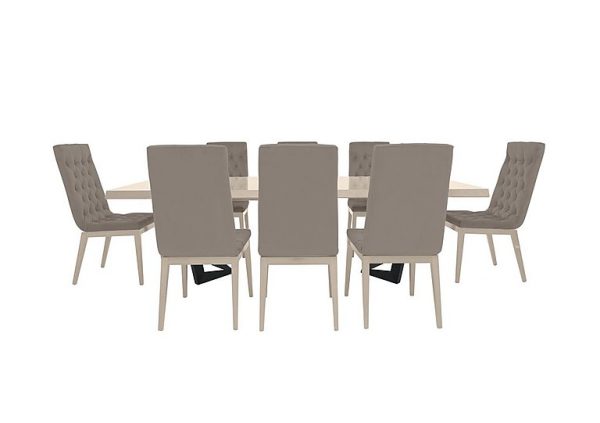 Palazzo 200cm Extending Dining Table in Sand Birch with 8 Capitonne Buttoned Chairs  Scarlet Taupe | Bed Sava