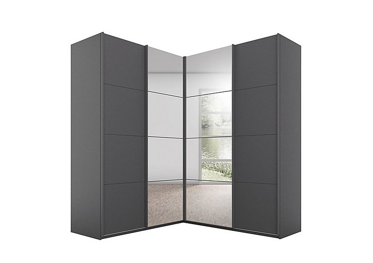 Rauch - Lima 181cm 4 Door Corner Sliding Wardrobe with 2 Decor and 2 Mirror Doors 210cm Tall - 210-cm - Dark Grey