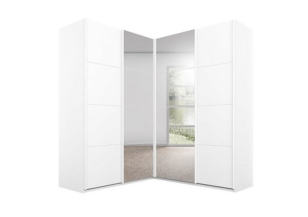 Rauch  Lima 181cm 4 Door Corner Sliding Wardrobe with 2 Decor and 2 Mirror Doors 210cm Tall  210 cm  White | Bed Sava