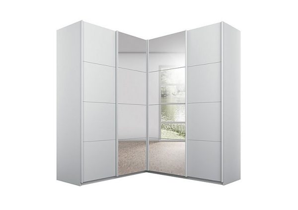 Rauch  Lima 181cm 4 Door Corner Sliding Wardrobe with 2 Decor and 2 Mirror Doors 210cm Tall  210 cm  Grey | Bed Sava