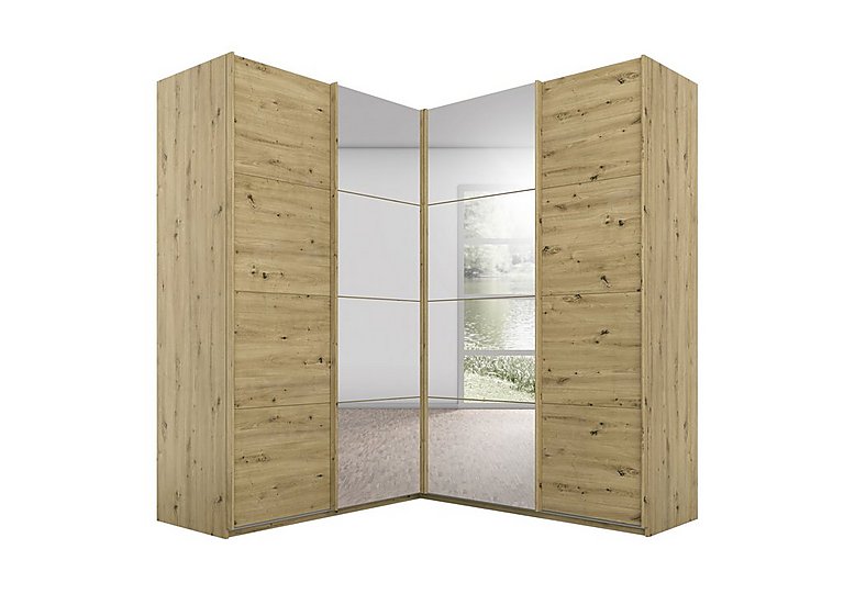 Rauch - Lima 181cm 4 Door Corner Sliding Wardrobe with 2 Decor and 2 Mirror Doors 210cm Tall - 210-cm - Art Oak