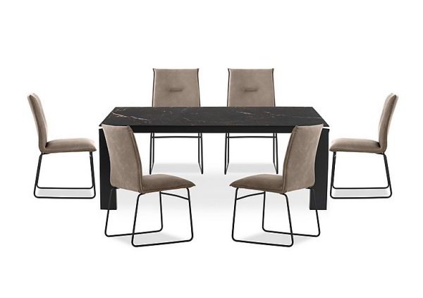 Connubia  Viola 220cm Extra Large Extending Dining Table with Calacatta Ceramic Top and Graphite Wooden Legs and 6 Maya Chairs  Desert | Bed Sava