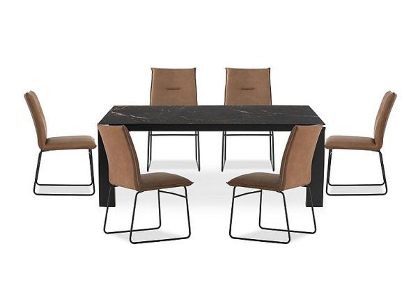 Connubia  Viola 220cm Extra Large Extending Dining Table with Calacatta Ceramic Top and Graphite Wooden Legs and 6 Maya Chairs  Tobacco | Bed Sava