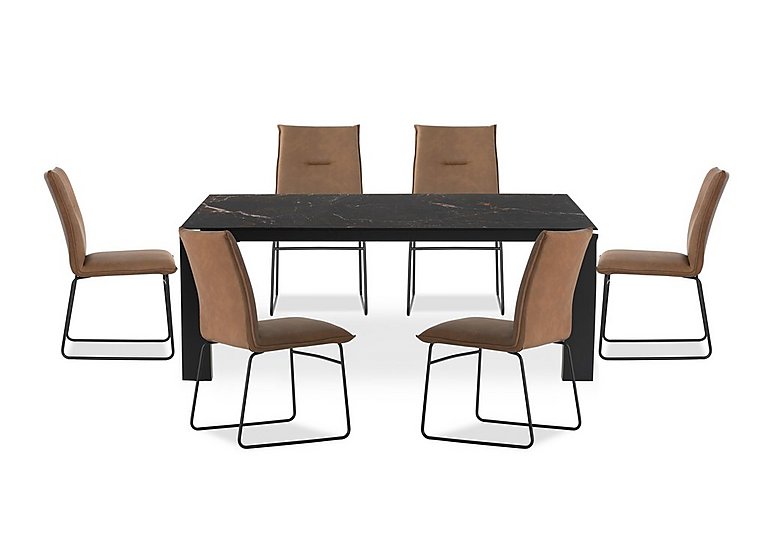 Connubia  Viola 220cm Extra Large Extending Dining Table with Calacatta Ceramic Top and Graphite Wooden Legs and 6 Maya Chairs  Tobacco | Bed Sava