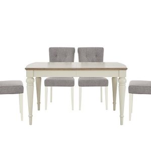 Furnitureland  Annecy Extending Dining Table and 4 Upholstered Fabric Roll Back Chairs  Soft Grey | Bed Sava