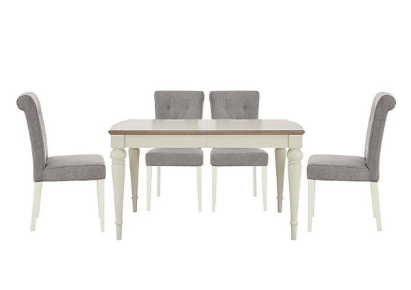 Furnitureland  Annecy Extending Dining Table and 4 Upholstered Fabric Roll Back Chairs  Soft Grey | Bed Sava