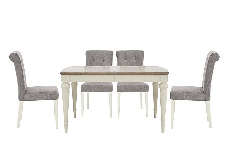 Furnitureland - Annecy Extending Dining Table and 4 Upholstered Fabric Roll Back Chairs - Soft Grey