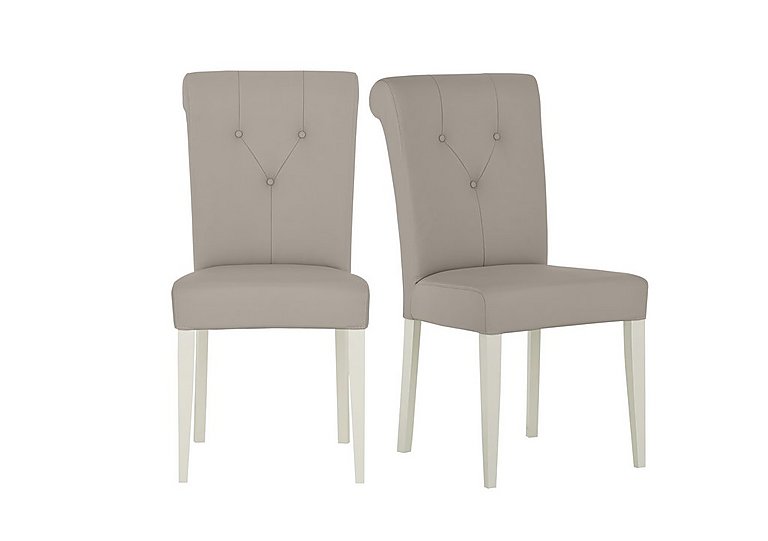 Furnitureland - Annecy Pair of Upholstered Faux NC Leather Roll Back Dining Chairs - Soft Grey