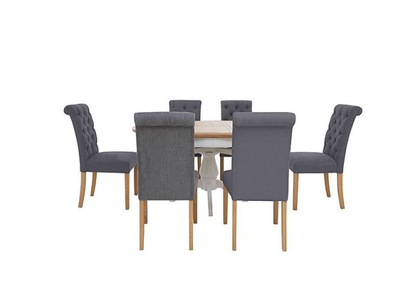 Furnitureland  Hamilton Round Extending Dining Table and 6 Button Back Chairs  Charcoal | Bed Sava
