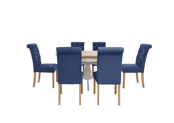 Furnitureland  Hamilton Round Extending Dining Table and 6 Button Back Chairs  Denim | Bed Sava