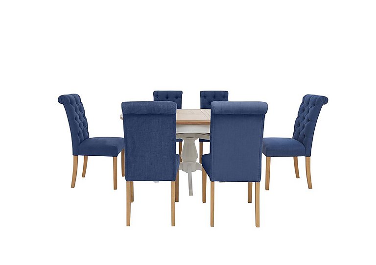 Furnitureland - Hamilton Round Extending Dining Table and 6 Button Back Chairs - Denim