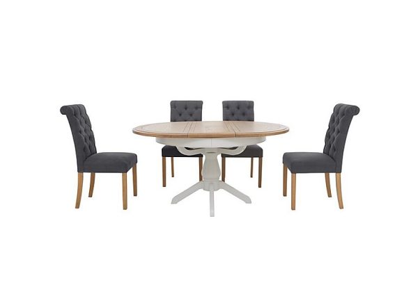 Furnitureland  Hamilton Round Extending Dining Table and 4 Button Back Chairs  Charcoal | Bed Sava