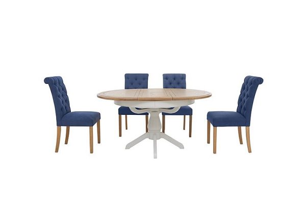 Furnitureland  Hamilton Round Extending Dining Table and 4 Button Back Chairs  Denim | Bed Sava