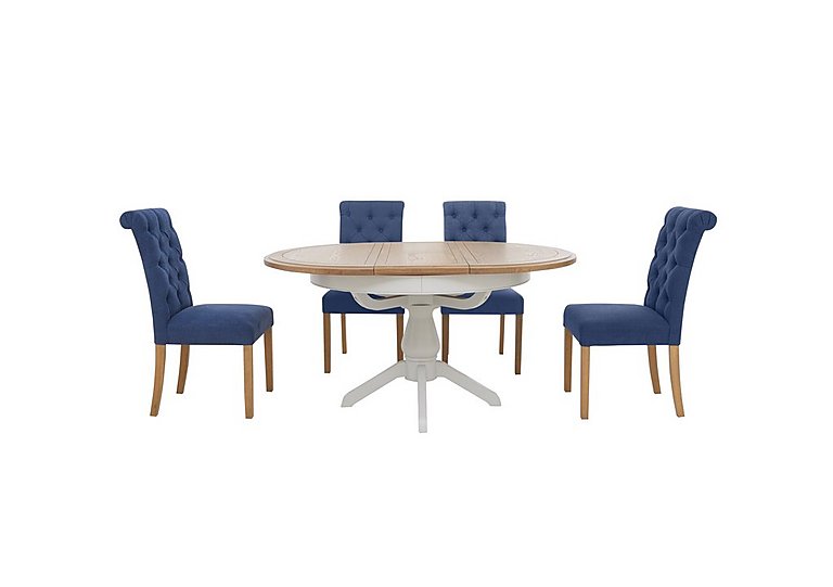 Furnitureland - Hamilton Round Extending Dining Table and 4 Button Back Chairs - Denim