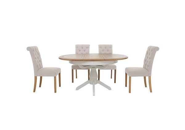 Furnitureland  Hamilton Round Extending Dining Table and 4 Button Back Chairs  Taupe | Bed Sava