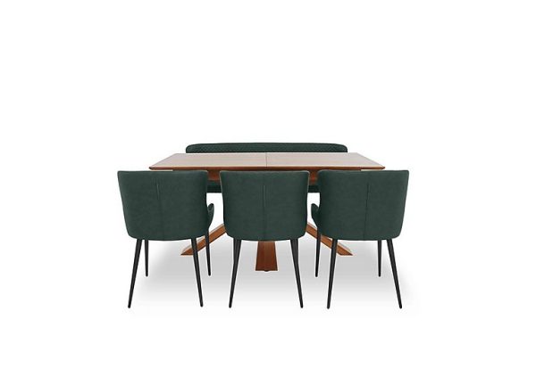 Hanoi Extending Dining Table with Wooden Base and 3 Faux Leather Chairs and a Bench  Bottle Green | Bed Sava