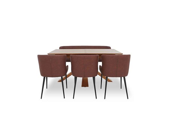 Hanoi Extending Dining Table with Wooden Base and 3 Faux Leather Chairs and a Bench  Tan | Bed Sava