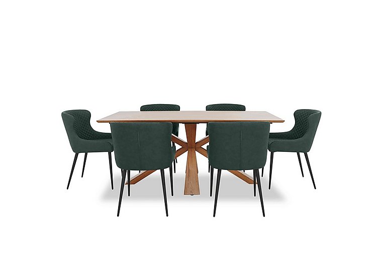 Hanoi Fixed Table with Wooden Base and 6 Faux Leather Dining Chairs - Bottle Green