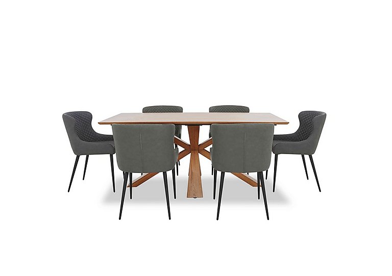 Hanoi Fixed Table with Wooden Base and 6 Faux Leather Dining Chairs - Slate Grey