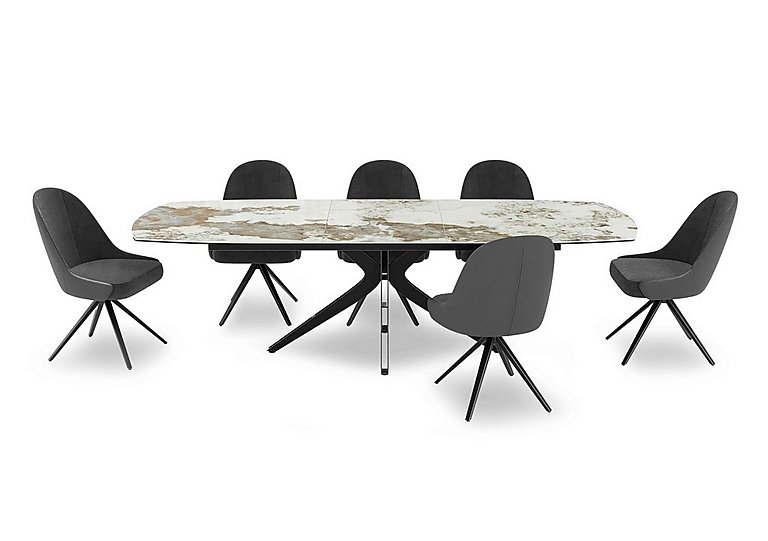 Jose Large Calcatta Marble Pop-up Extending Dining Table with 6 Swivel Chairs - Anthracite