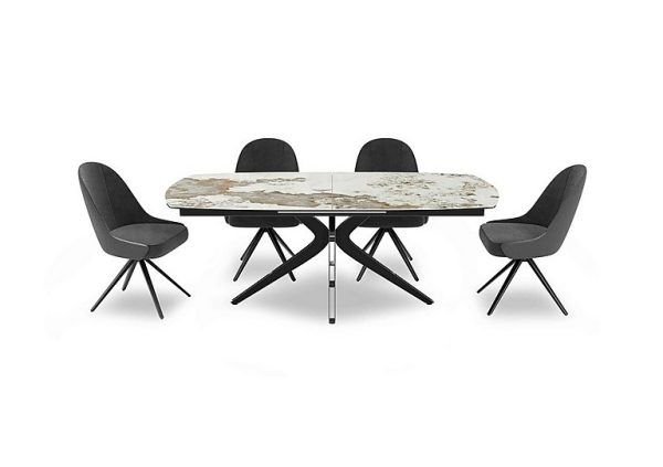 Jose Large Calcatta Marble Pop up Extending Dining Table with 4 Swivel Chairs  Anthracite | Bed Sava