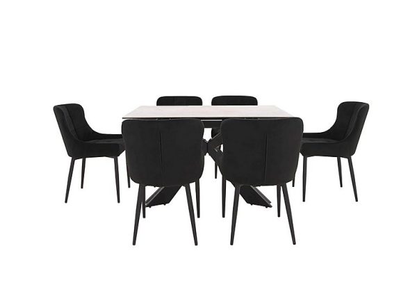 Kos Extending Dining Table with 6 Velvet Chairs Set  Black | Bed Sava