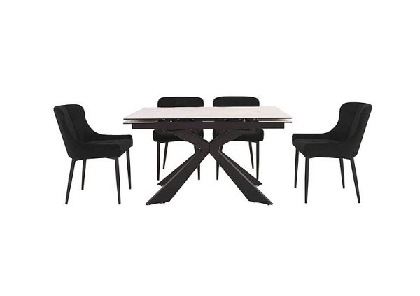 Kos Extending Dining Table with 4 Velvet Chairs Set  Black | Bed Sava