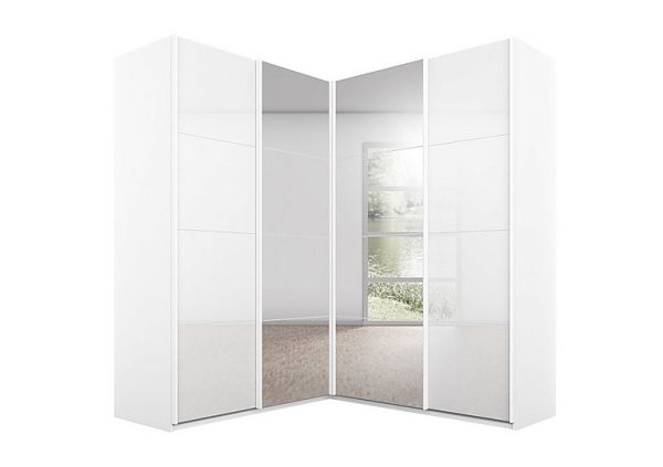 Rauch  Lima 181cm 4 Door Corner Sliding Wardrobe with 2 Glass and 2 Mirror Doors 210cm Tall  White | Bed Sava
