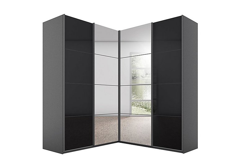 Rauch - Lima 181cm 4 Door Corner Sliding Wardrobe with 2 Glass and 2 Mirror Doors 210cm Tall - Black